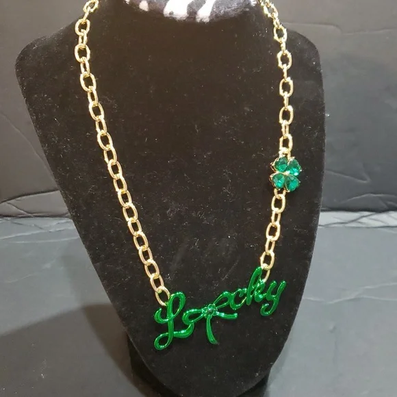 Betsey Johnson green Lucky inscription green bow and emerald gold chain necklace - Picture 8 of 8